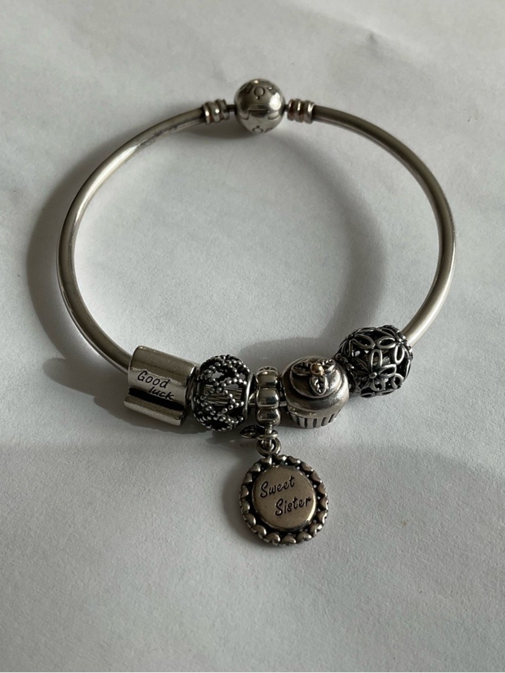 Pandora Silver Charm Bracelet with 'Sweet Sister' Dangle